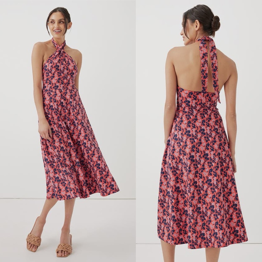 PACT Organic Fit & Flare Modern Halter Dress Floral Pink Stretch Summer Size S